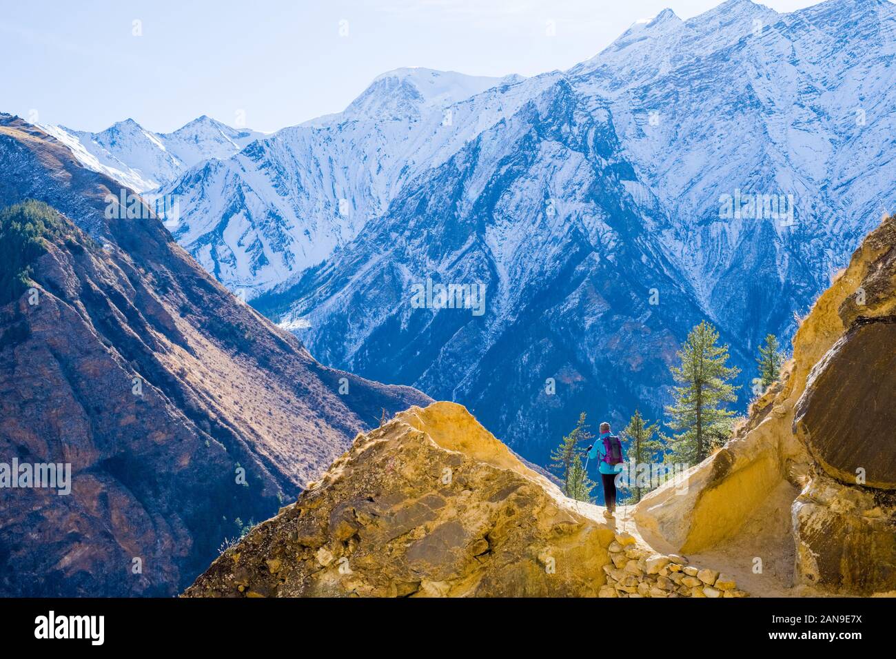 Female trekker on the Lower Dolpo Trek in the Nepal Himalayas Stock Photo