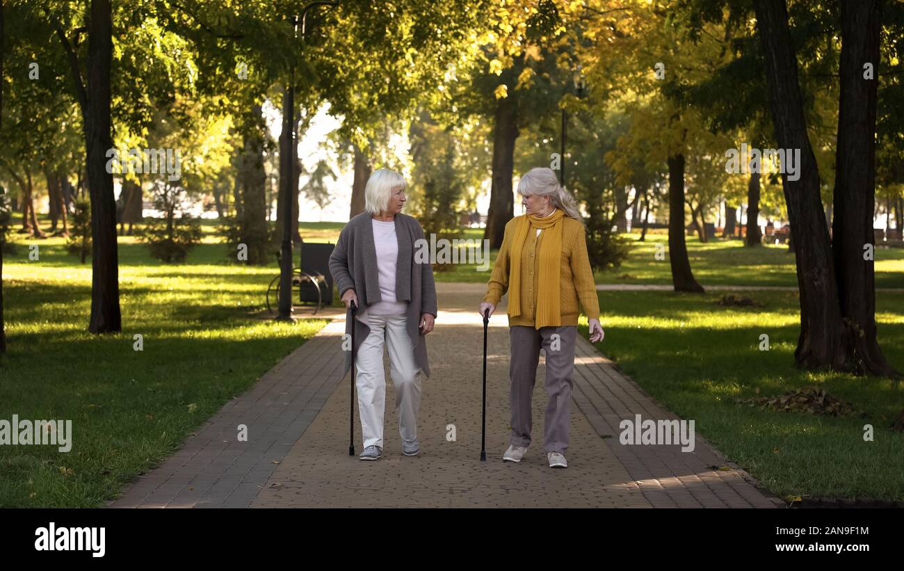 Two smiling old women talking walking in park, nursing home for elderly, leisure Stock Photo