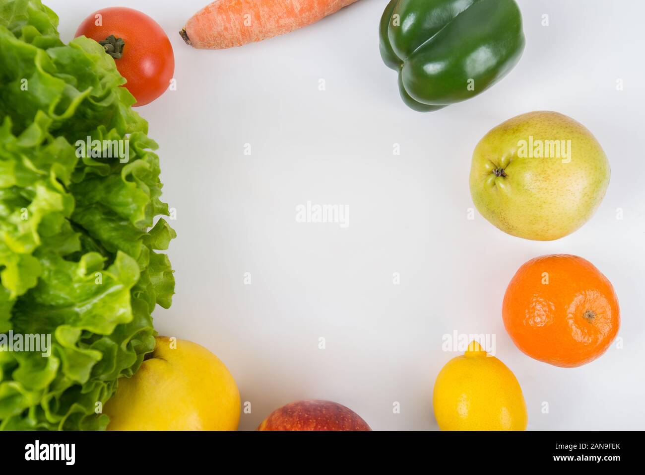 Healthy bio food on the table with copy space. Close up organic fruits ...