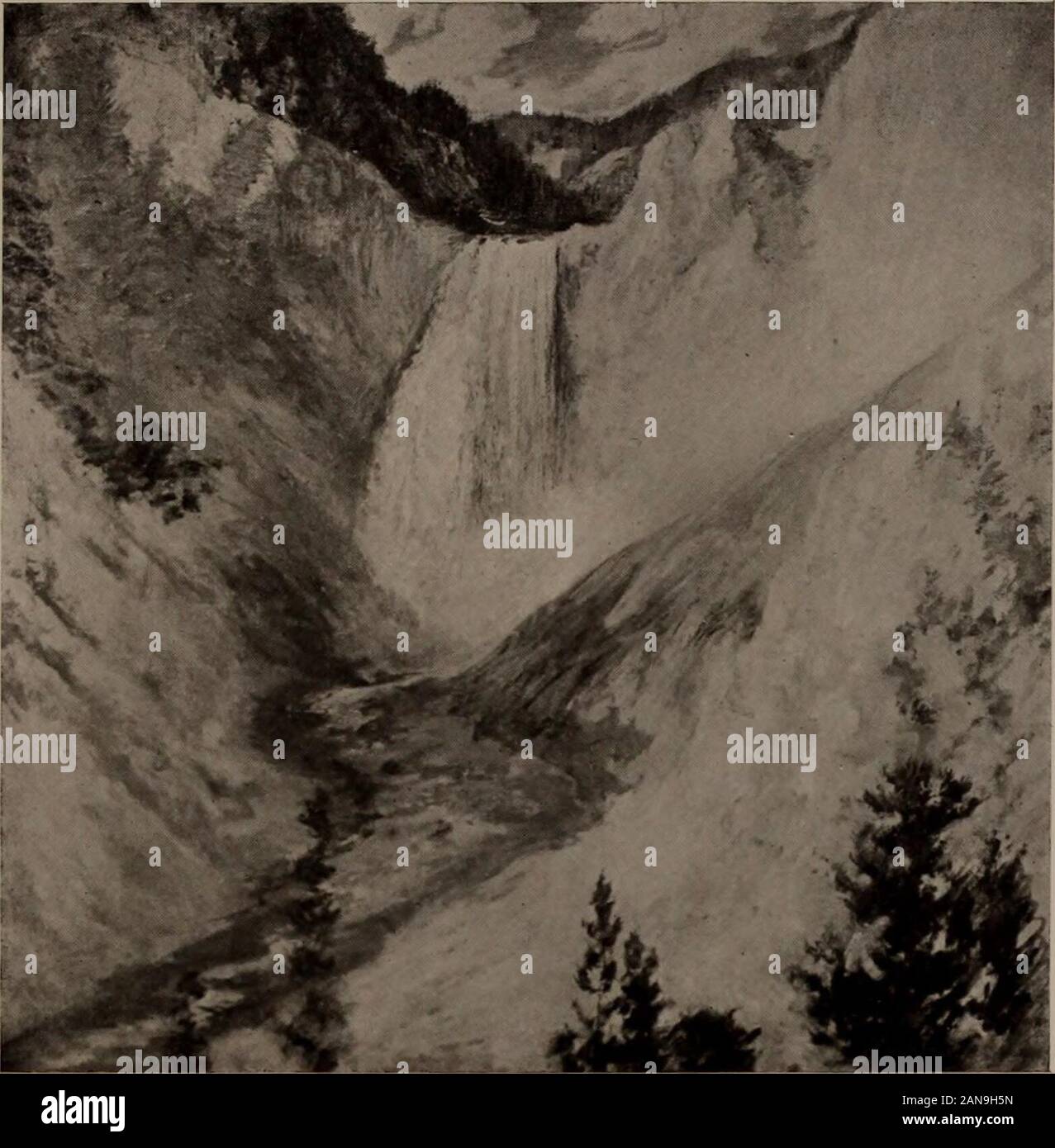 Valuable pictures by foreign and American masters . 30 inches The spectator is in a canon or valley among the moun-tains, its sides steeply sloping from heights which mountout of the picture on either hand, their recession in per-spective permitting a glimpse of the sky—blue andwhite—high over the center, where the eye travels pastgreen, rounded summits. Slightly below these summitsa mountain river comes into view, tumbling abruptlyover a ledge, and streaming in a heavy curtain of whitefoam to depths below, to which the observer looks downover foreground treetops. There, below, the stream insi Stock Photo