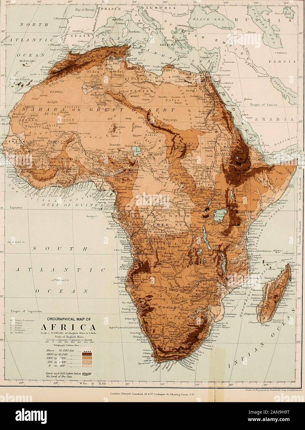 The partition of Africa . the factthat the spread of railways over the Continent wouldtend greatly to counteract the commercial disadvantagesarising from the lack of deep arms of the sea, navigablerivers, and natural harbours. Railways are the greatlevellers, shattering old geographical traditions, andtending to place all continents on an equal footing, sofar as communications are concerned,configura- Passing from the contour of the coast-line to the tion of the . /-,&gt;-.. surface. configuration of the surface of the Continent, we find hereagain certain characteristics which distinguish Afri Stock Photo