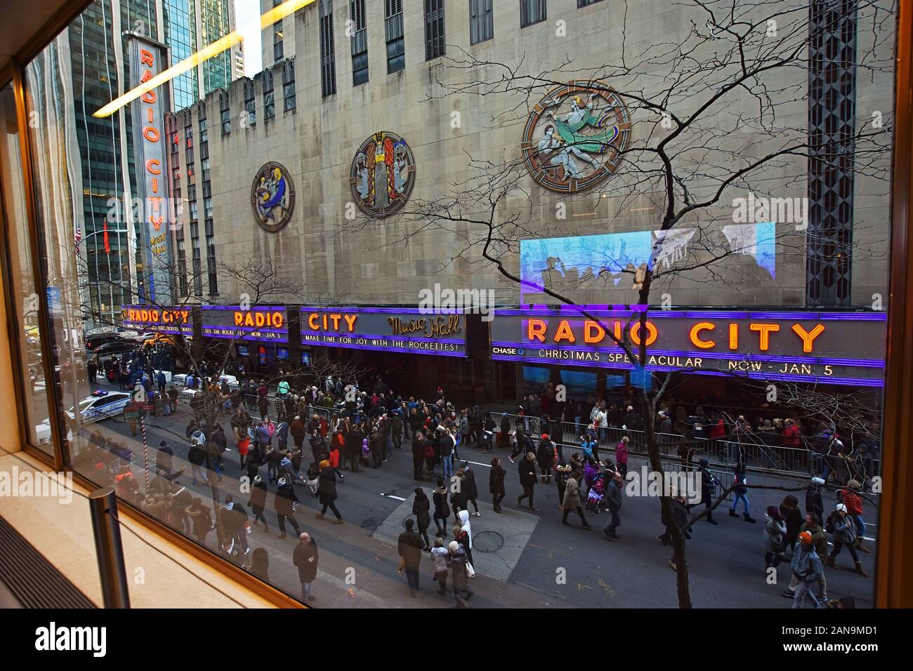 Manhattan, New York, NY, USA - November 30, 2019. Legendary Theater Radio City Music Hall building facade seen from Rockefeller Center,  Manhattan Stock Photo