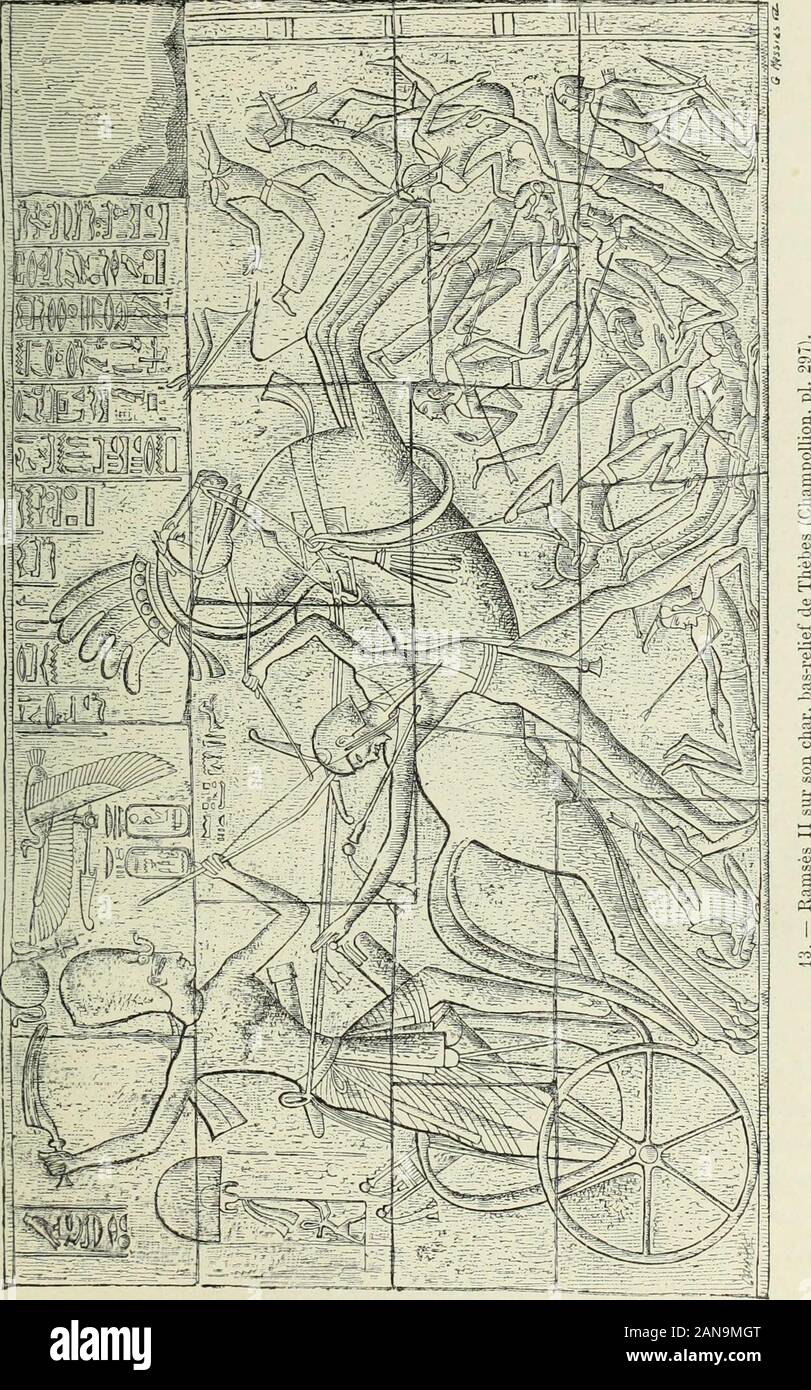 Histoire de l'art dans l'antiquité: Égypte, Assyrie, Perse, Asie Mineure, Grece, Etrurie, Rome . e, Lepsius; on verra par exemple pi. 6) ce que le pilier-caryatide est. devenu à Napata. 1. Maspero, Histoire ancienne, y. .&lt;x. Ce rapport de filiation entre le roi et le dieunétait pas une simple métaphore. Dans un document qui se trouve reproduit à lp-am-boul et à Médinet-Alutu, Plilah parle en res ternies, ici h Ramsès 11. là à Ramsès III :« Cest moi qui suis Ion père ; je tai engendre comme Dieu ; tous les membres sontdivins; jai pris la forme du bélier de Mendès, et je me suis uni à ta roya Stock Photo