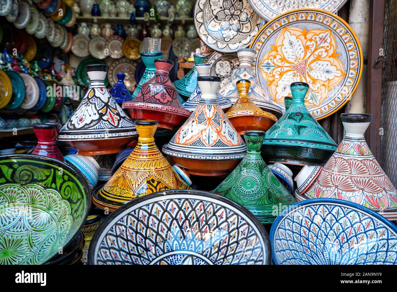 Colorful clay tagines sold in old town of Marrakech, Morocco Stock Photo