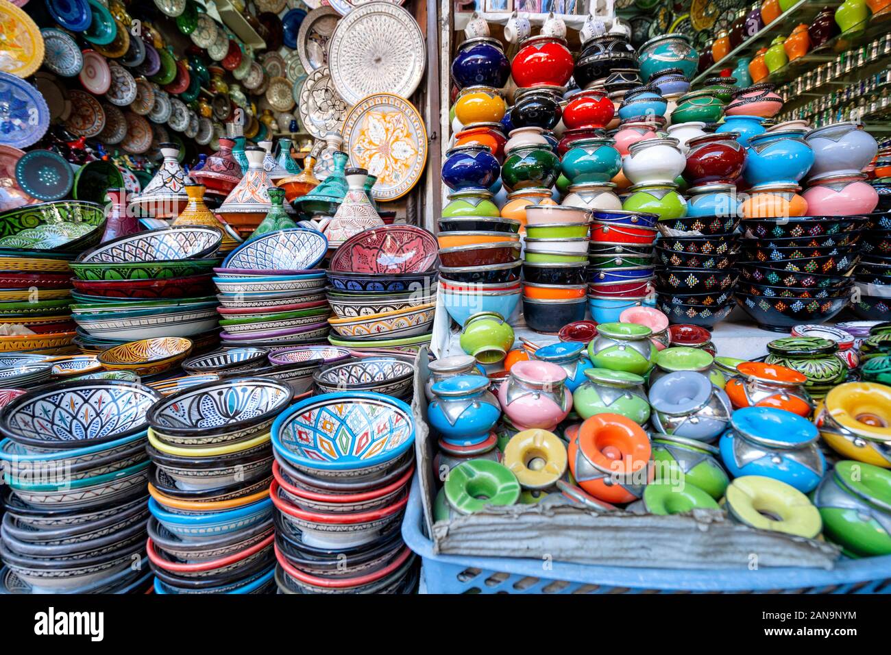 Colorful ceramic bowls sold in old town of Marrakech, Morocco, Africa Stock Photo