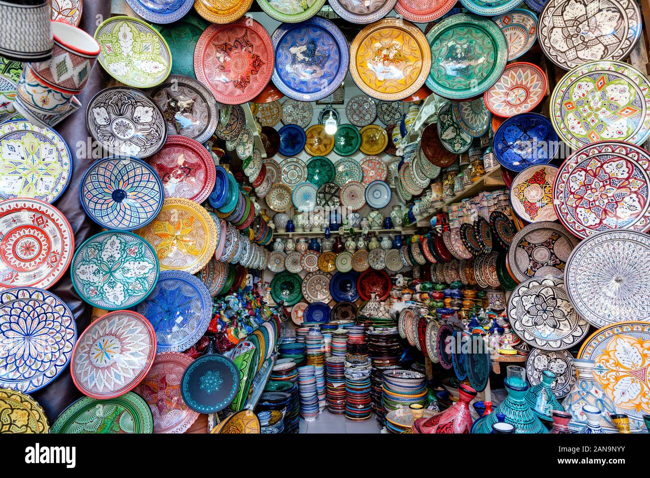 Colorful ceramic bowls sold in old town of Marrakech, Morocco, Africa Stock Photo