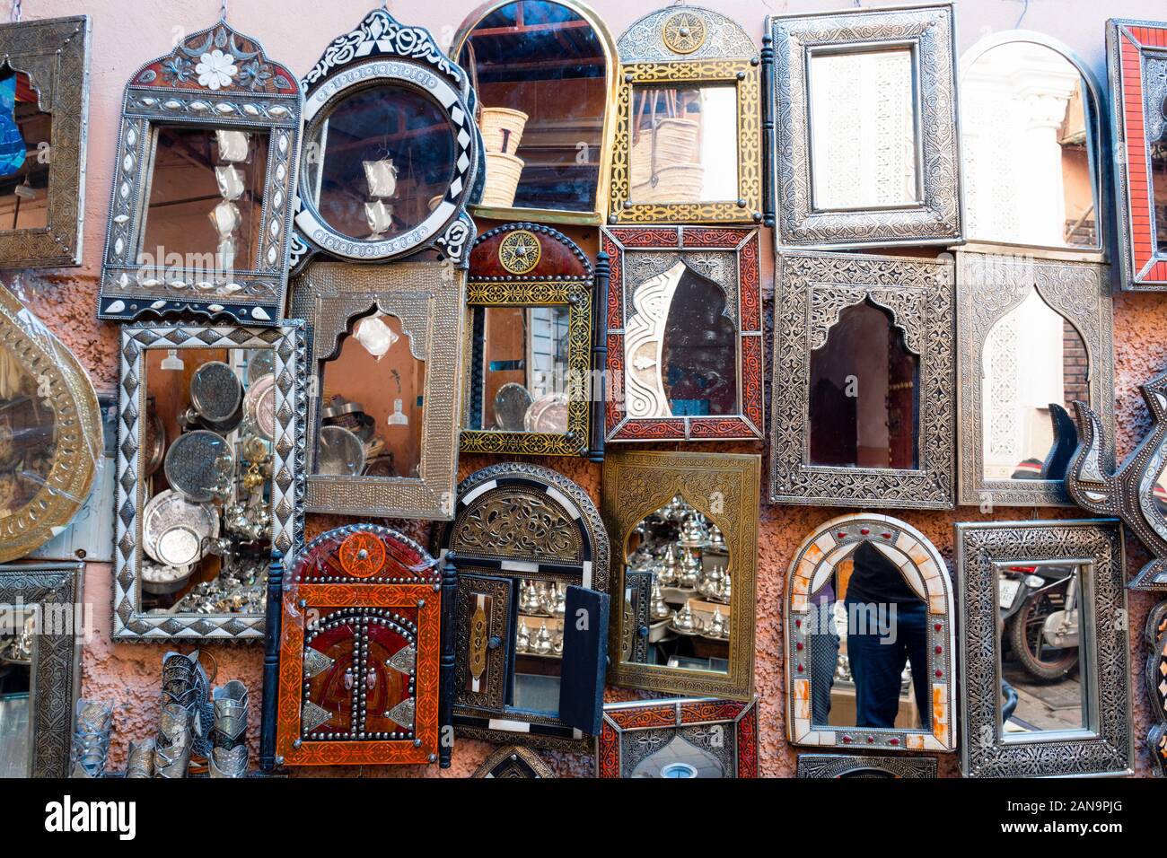 Many mirrors on the market in old town of Marrakech, Morocco, Africa Stock Photo