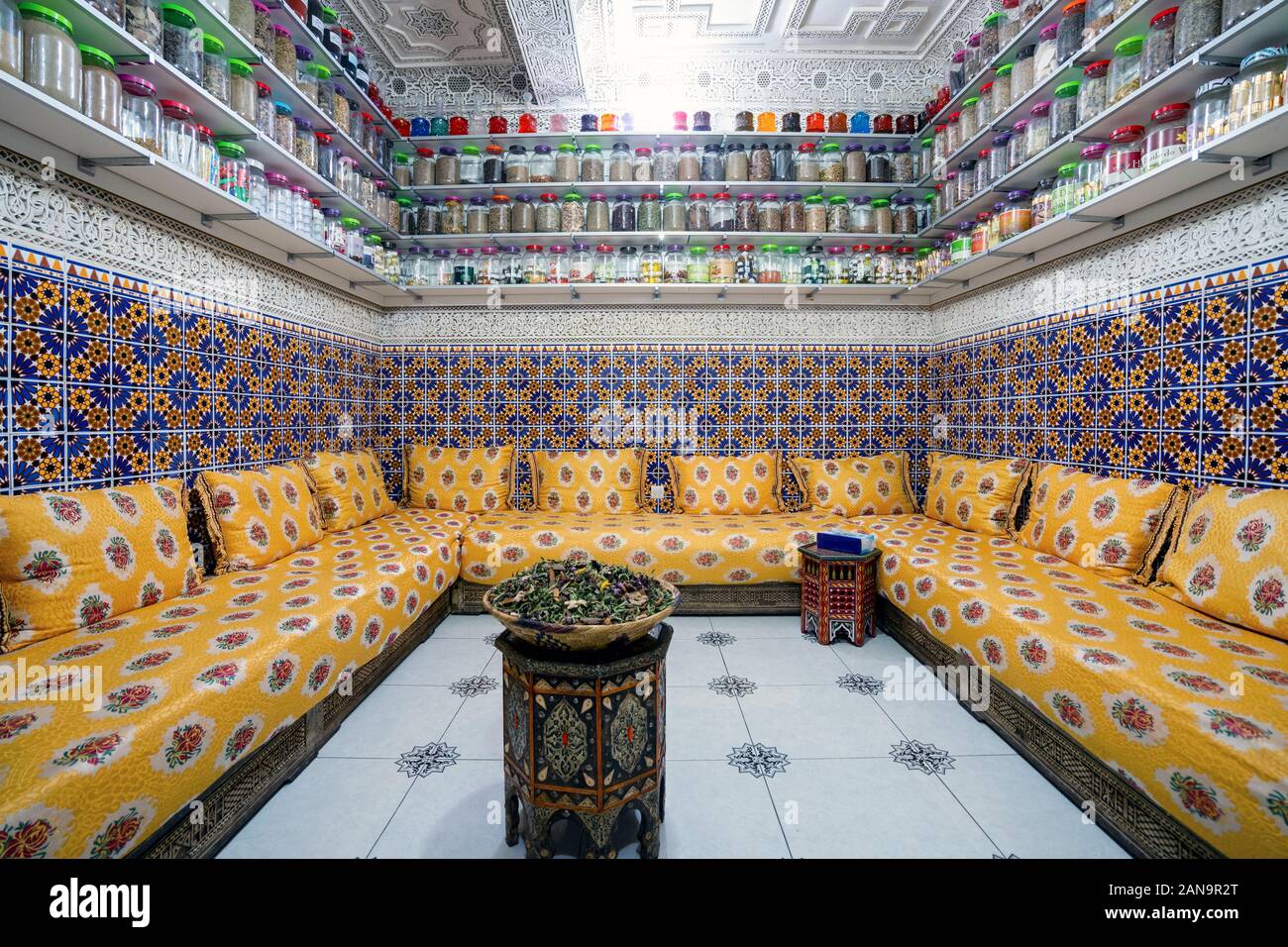 pic Front Porch Tea Room And Gathering Place https www alamy com moroccan interior with variety of spices on shelves and herbal tea in the middle of the room image340120448 html