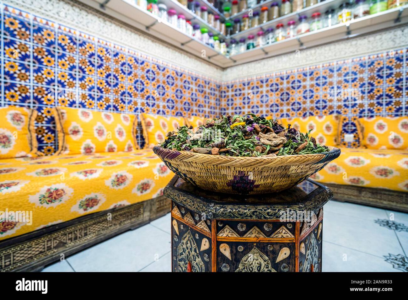 Moroccan interior with variety of spices on shelves and herbal tea in ...
