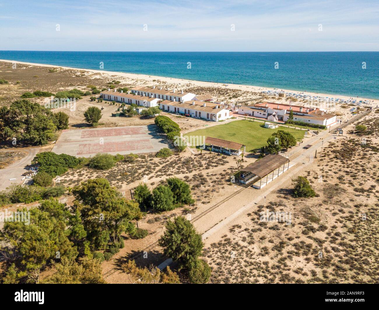Famous Barril Beach with Tuna Museum, next to Tavira, Algarve, Portugal Stock Photo