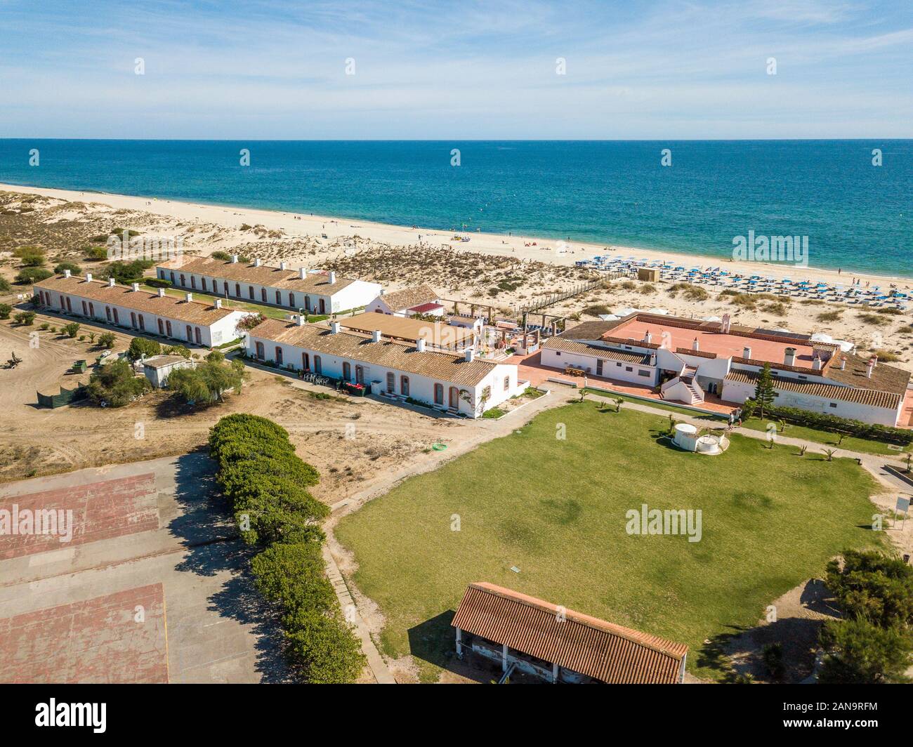 Famous Barril Beach with Tuna Museum, next to Tavira, Algarve, Portugal Stock Photo