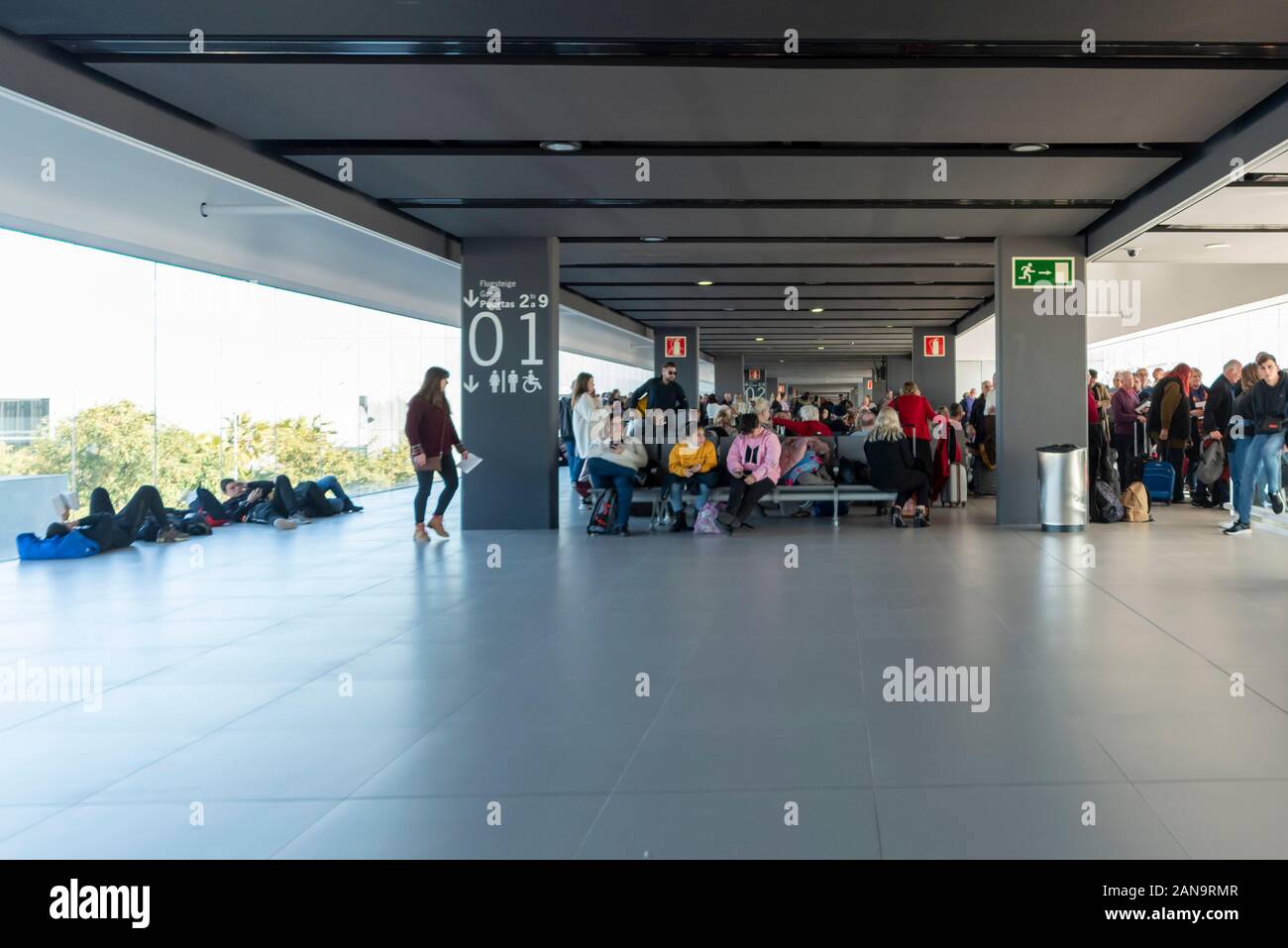 Region de Murcia International Airport, Corvera, Spain. 16th January 2020. Due to the fire at Alicante airport on the previous day many European flights are being diverted to the relatively new and normally quiet airport near Murcia in south east Spain, including a number of UK arrivals and departures with further flights being cancelled causing a great deal of disruption to passengers. Airlines are asking passengers to make their own 96km journey from Alicante to fly from Murcia Stock Photo