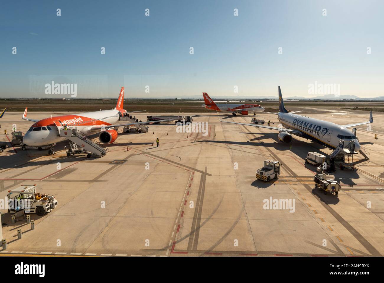 Region de Murcia International Airport, Corvera, Spain. 16th January 2020. Due to the fire at Alicante airport on the previous day many European flights are being diverted to the relatively new and normally quiet airport near Murcia in south east Spain, including a number of UK arrivals and departures with further flights being cancelled causing a great deal of disruption to passengers. Airlines are asking passengers to make their own 96km journey from Alicante to fly from Murcia Stock Photo