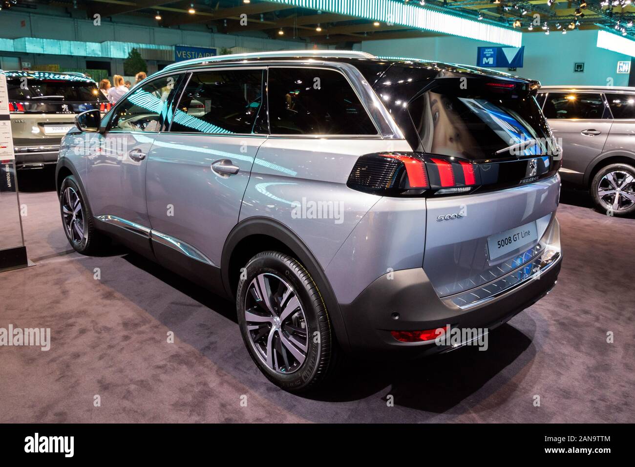 BRUSSELS - JAN 9, 2020: New Peugeot 5008 GT car model presented at the Brussels Autosalon 2020 Motor Show. Stock Photo