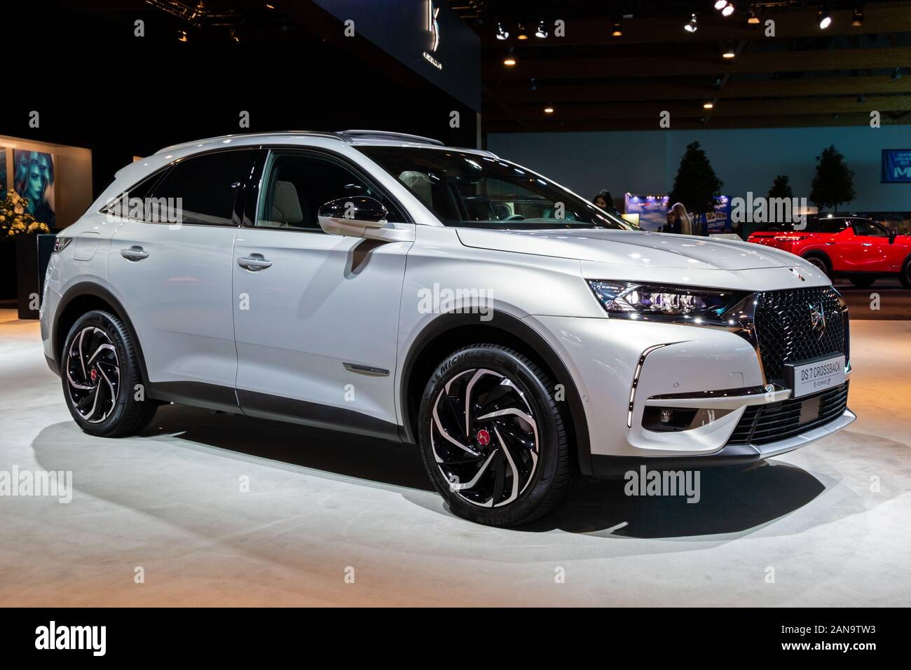 BRUSSELS - JAN 9, 2020: New 2020 DS 7 Crossback E-Tense car model presented at the Brussels Autosalon 2020 Motor Show. Stock Photo