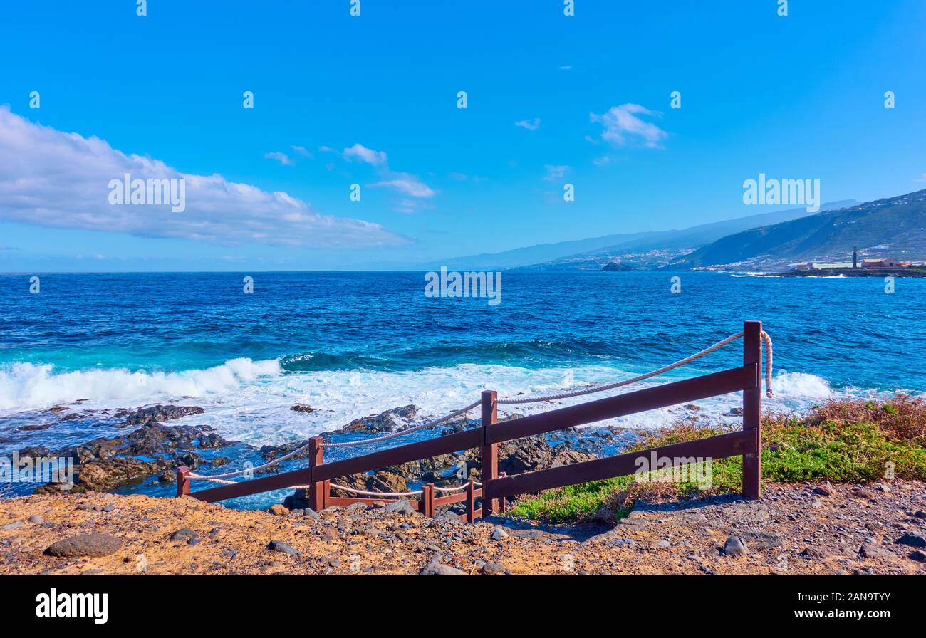 The Atlantic Ocean and coast of Tenerife with footpath to the sea, The Canary Islands - Landscape, seascape Stock Photo