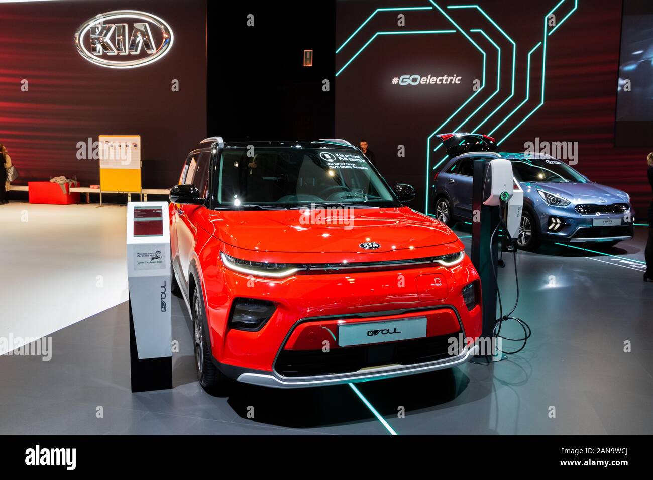 BRUSSELS - JAN 9, 2020: New Kia e-Soul electric car model presented at the Brussels Autosalon 2020 Motor Show. Stock Photo