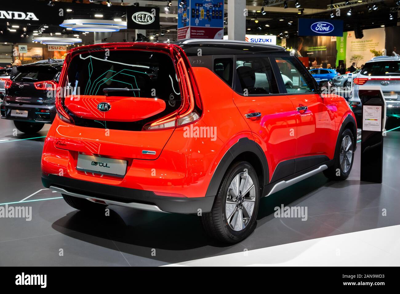 BRUSSELS - JAN 9, 2020: New Kia e-Soul electric car model presented at the Brussels Autosalon 2020 Motor Show. Stock Photo