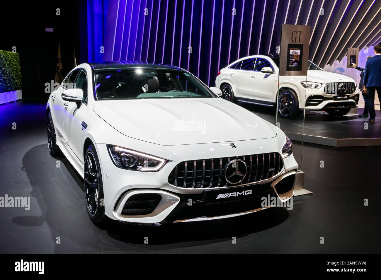 BRUSSELS - JAN 9, 2020: Mercedes AMG GT 63 S sports car presented at the Brussels Autosalon 2020 Motor Show. Stock Photo