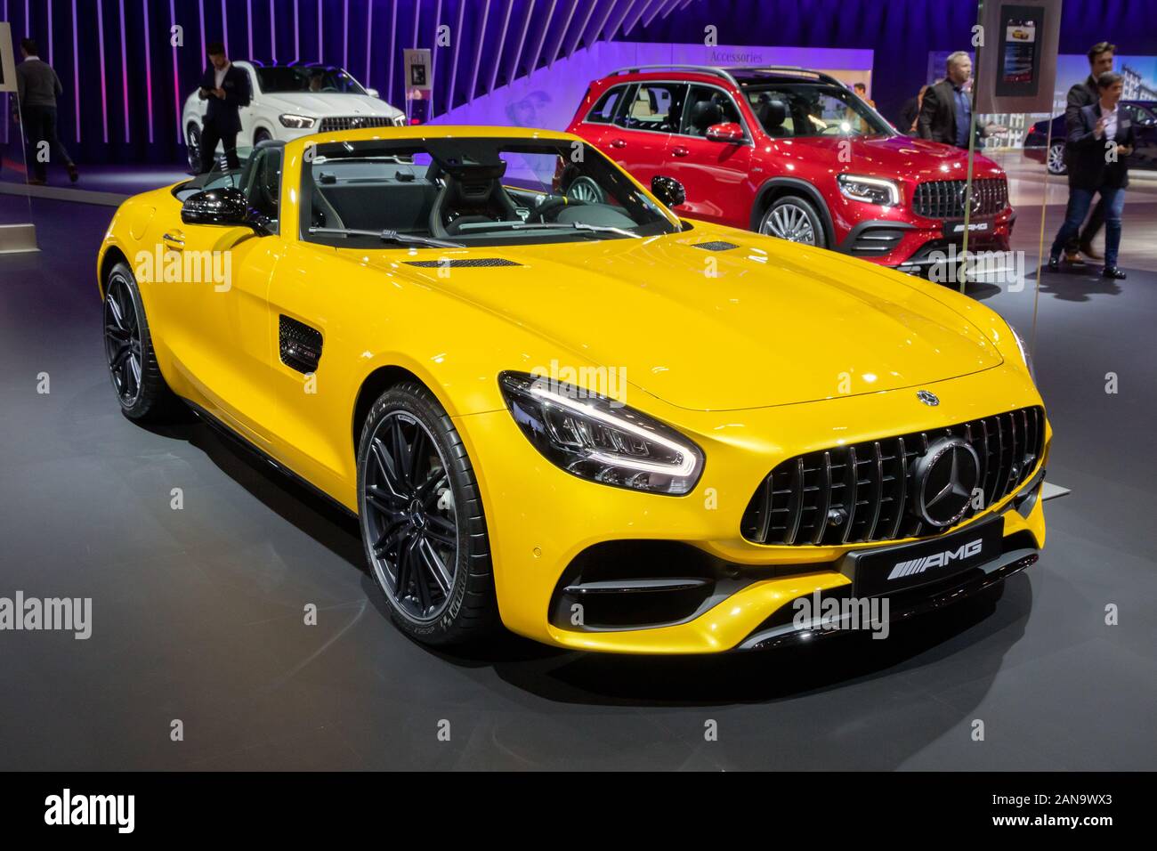 BRUSSELS - JAN 9, 2020: Mercedes AMG GT Roadster sports car presented at the Brussels Autosalon 2020 Motor Show. Stock Photo