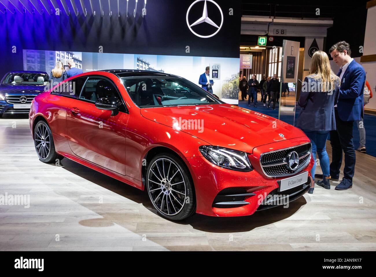 BRUSSELS - JAN 9, 2020: New Mercedes E-Class Coupe car model presented at the Brussels Autosalon 2020 Motor Show. Stock Photo