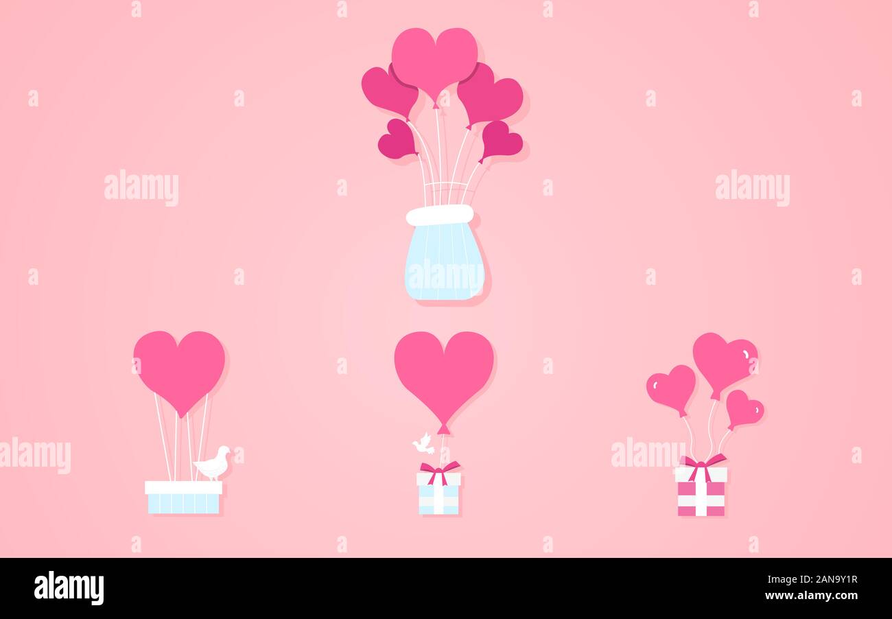 Balloons in the form of hearts, gift box vector illustration on a pink ...