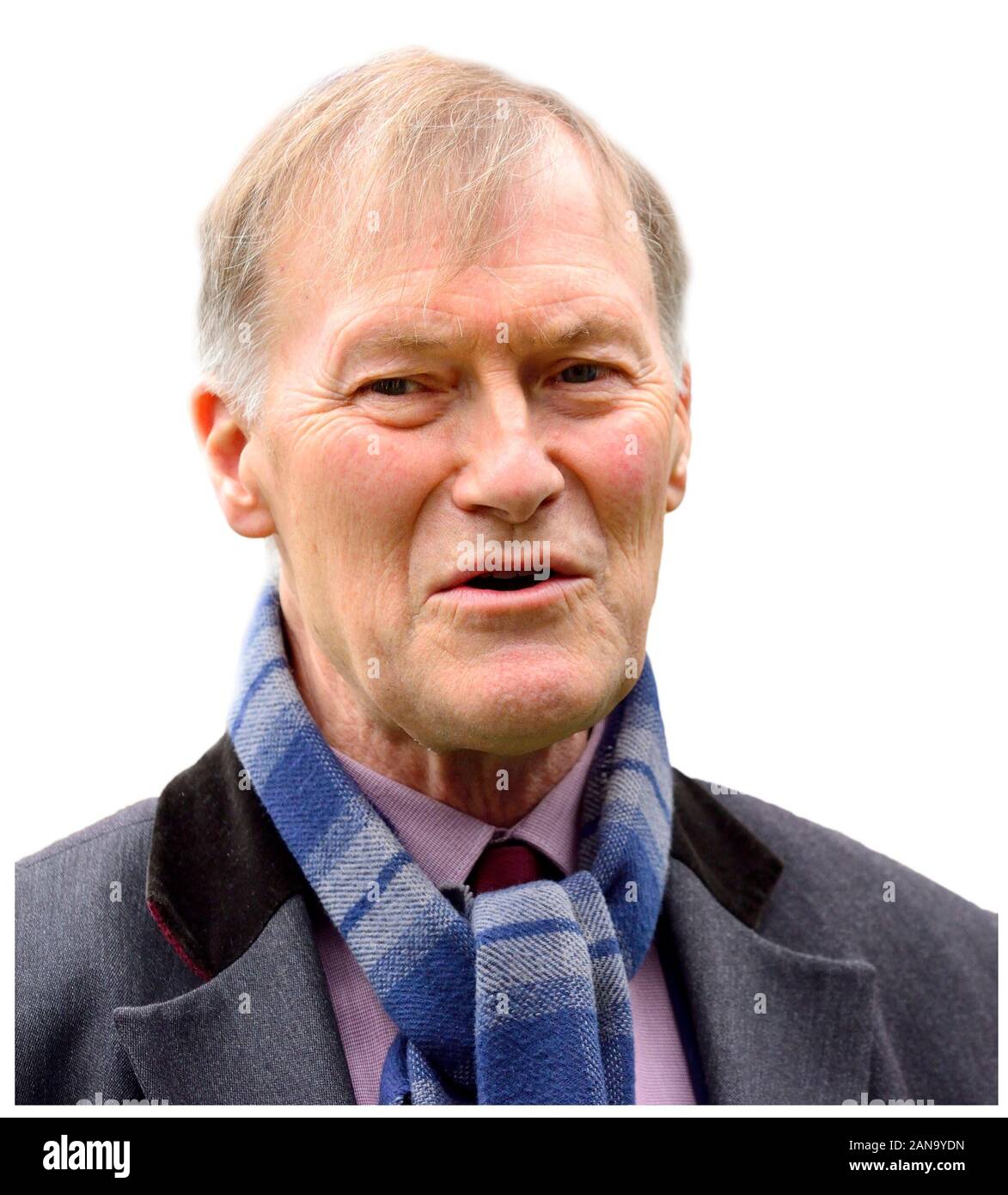 Sir David Amess MP (Con: Southend West) being interviewed about Brexit on College Green, Westminster, March 27th 2019 Stock Photo