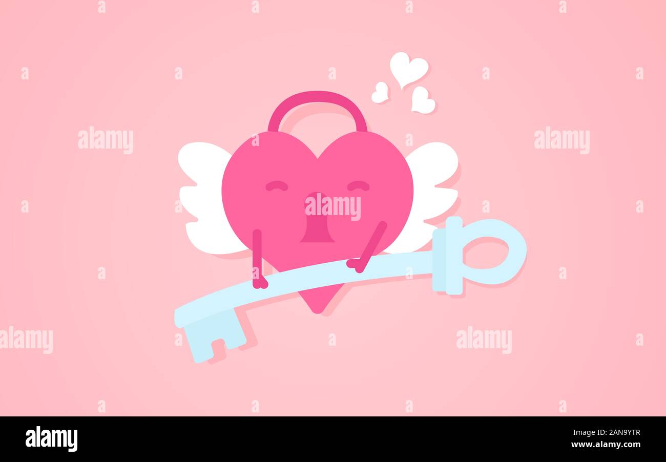 Heart with wings holds the key vector illustration on a pink background Stock Vector