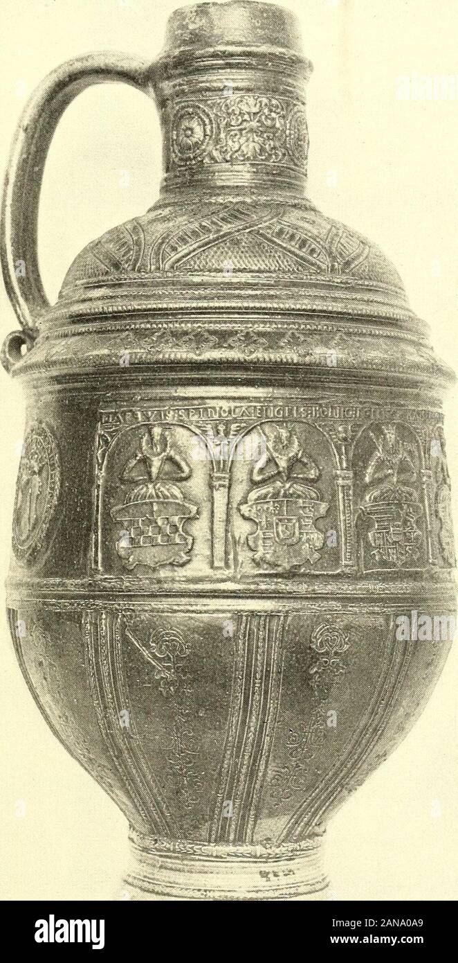 Pennsylvania Museum BulletinNumber 33, January 1911 . - at Raeren and hadtheir coats of arms placed upon them. On the back of the jug which is here figured, beneath the handle, arethree relief medallions containing coats of arms. The central one has notyet been identified but the other two bear the inscription F. Joan Mintzen-burg Prior Carmel Franc. 1609. Johan ?Mintzenburg was at that time aCarmelite Prior at Frankfort, Germany, and it was doubtless for him thatthis example was made. The upper and lower portions of this rare example are embellishedwith incised and embossed designs. BULLKTIX Stock Photo