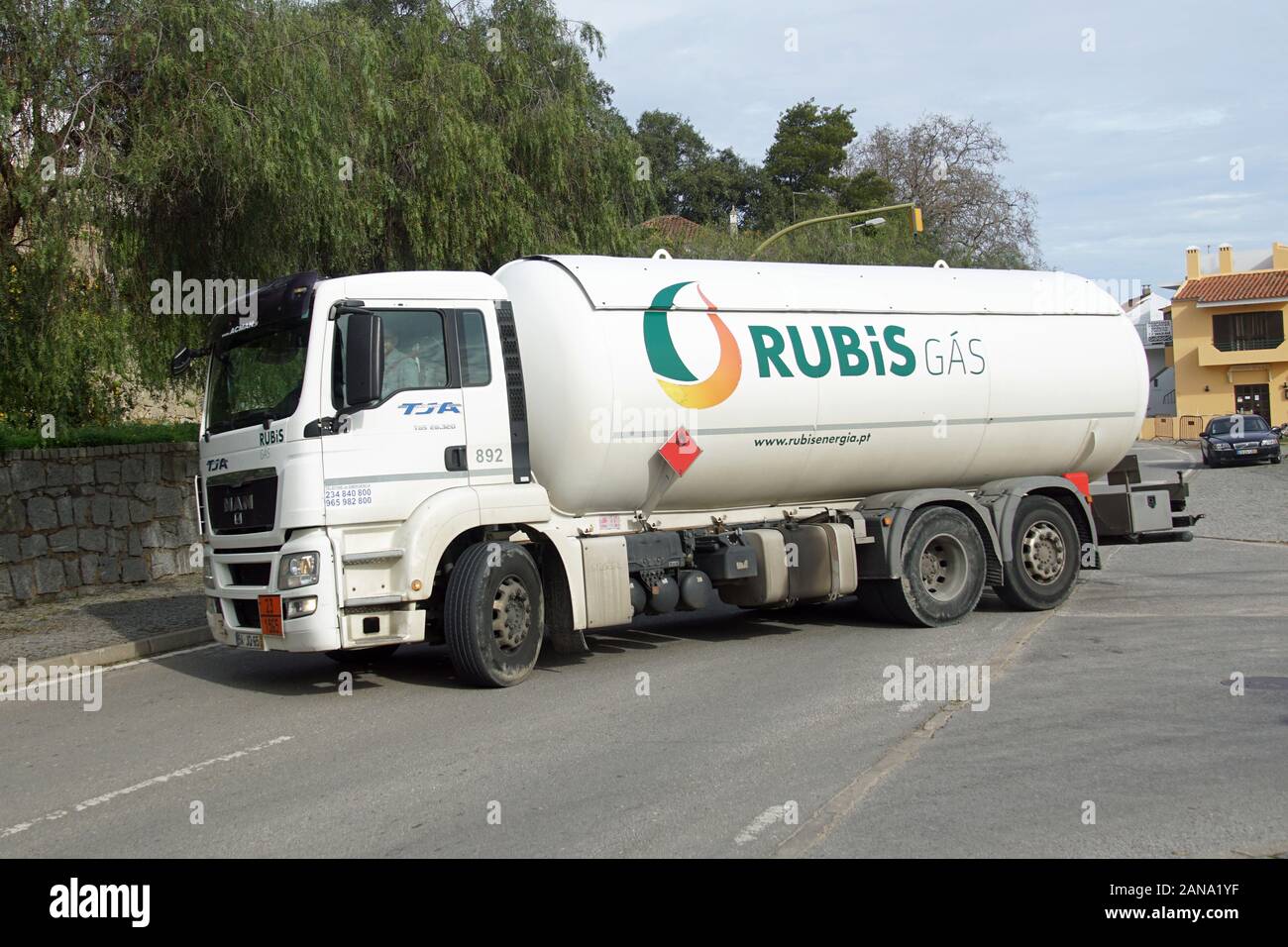 Albufeira, Portugal - December 26, 2019: White Rubis Gas fuel tanker truck. Stock Photo