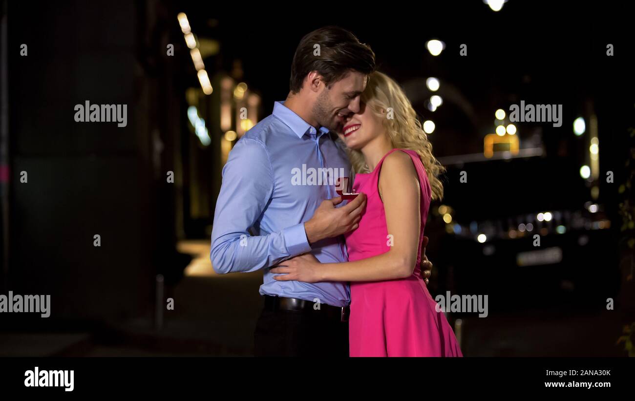Man preparing surprise to his blonde lover, making her proposal to get  married Stock Photo - Alamy