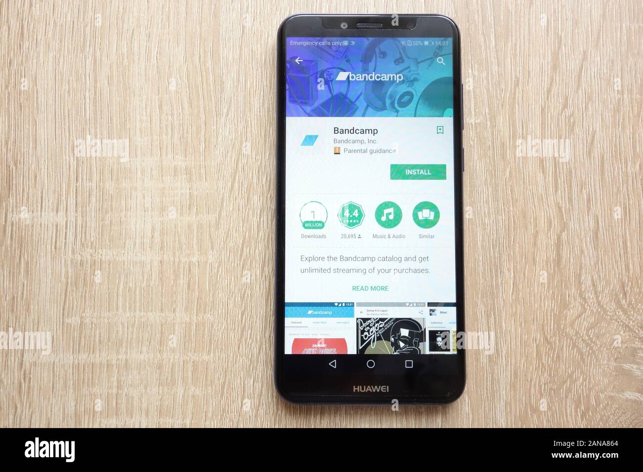 Bandcamp app on Google Play Store website displayed on Huawei Y6 2018 ...