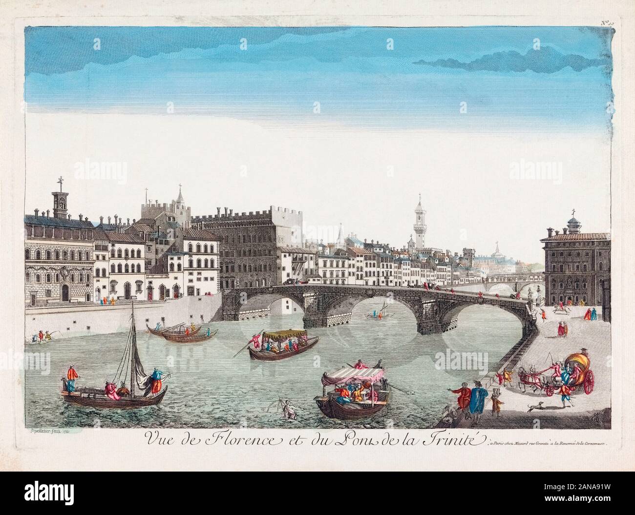 View of the Ponte Santa Trinita Across the Arno River, Florence, Italy. After a work from circa 1760 by Jean Pelletier.  Later colourization. Stock Photo