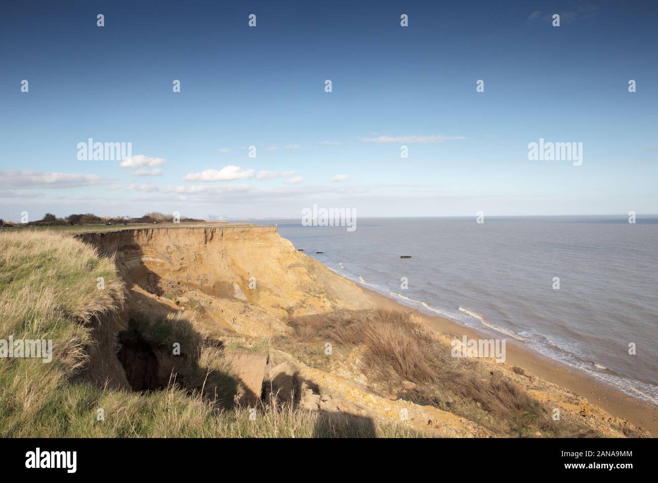 looking out to sea from Walton-on-the-Naze in Essex where coastal erosion has dramatically eats at the shoreline Stock Photo