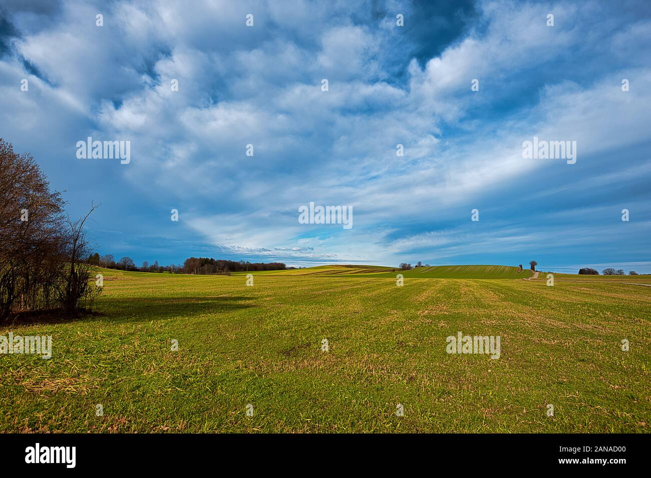 View over the fields in the Bavarian Alpine foothills to the horizon Stock Photo