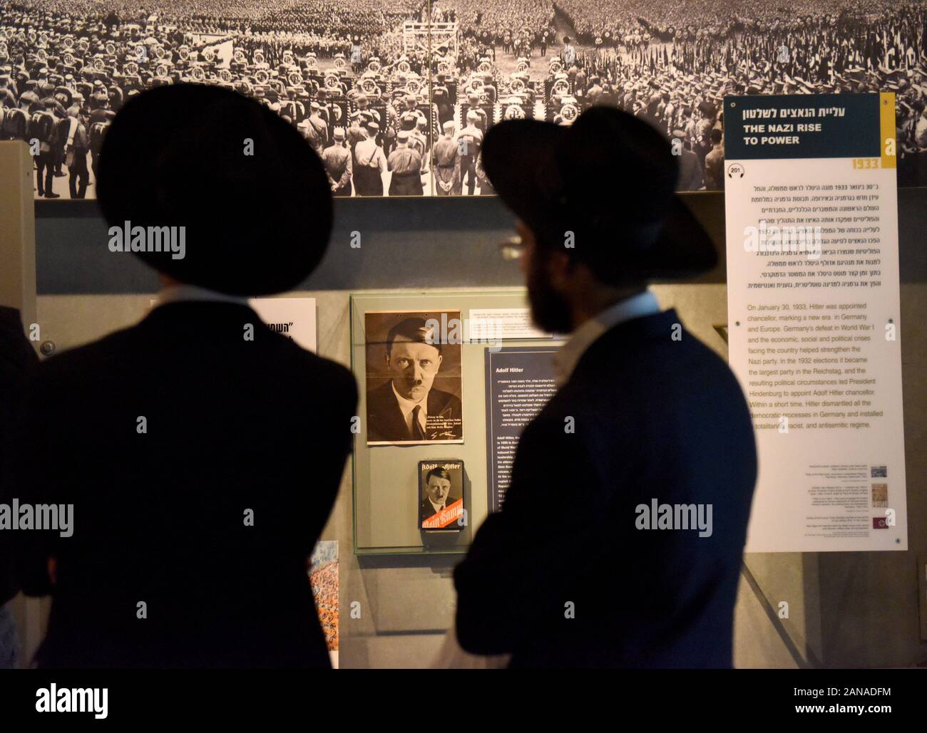 Jerusalem, Israel. 16th Jan, 2020. Visitors look at an exhibition in the Yad Vashem Holocaust Remembrance Center in Jerusalem, on Thursday, January 16, 2020. Next week 46 world leaders will attend the Fifth World Holocaust Forum 2020 at Yad Vashem, marking the 75th.anniversary of the liberation of Auschwitz-Birkenau and the UN sanctioned International Holocaust Day. Photo by Debbie Hill/UPI Credit: UPI/Alamy Live News Stock Photo