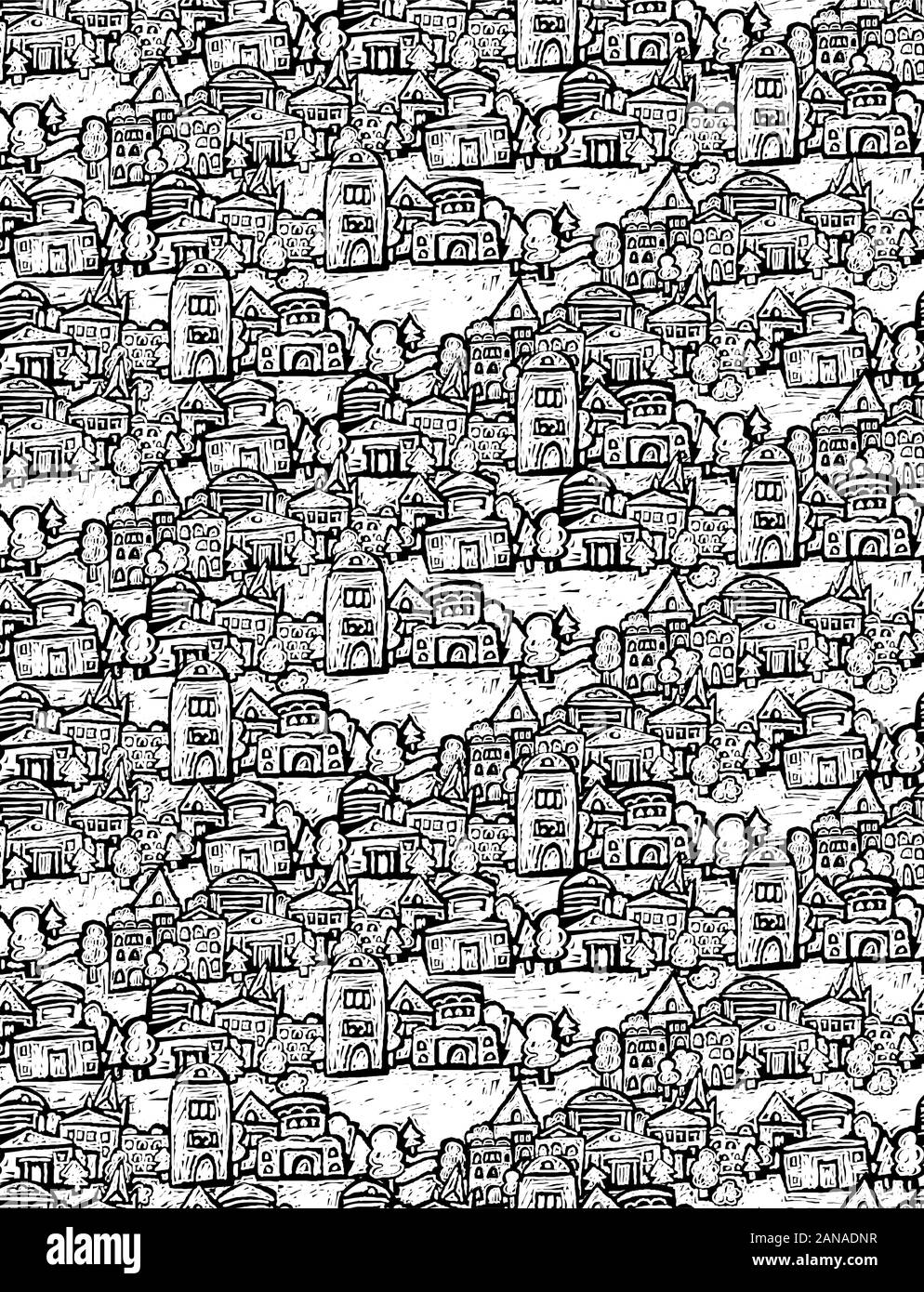 Suburb houses trees fields doodles black and white seamless pattern Stock Vector