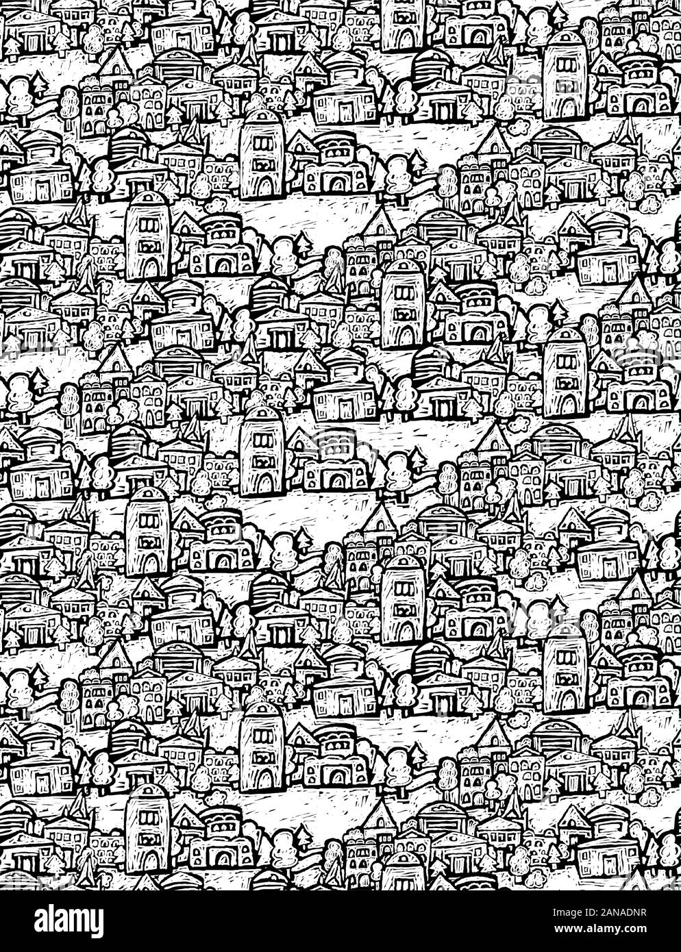 Suburb houses trees fields doodles black and white seamless pattern ...