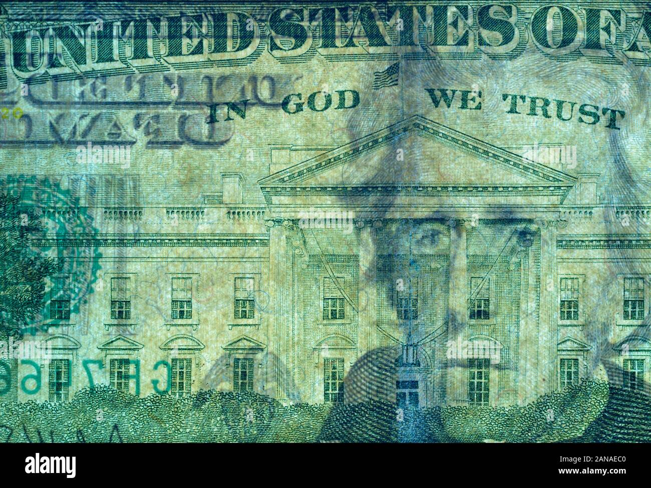 Close-up at In God We Trust, White House, Jackson's face, highly ...