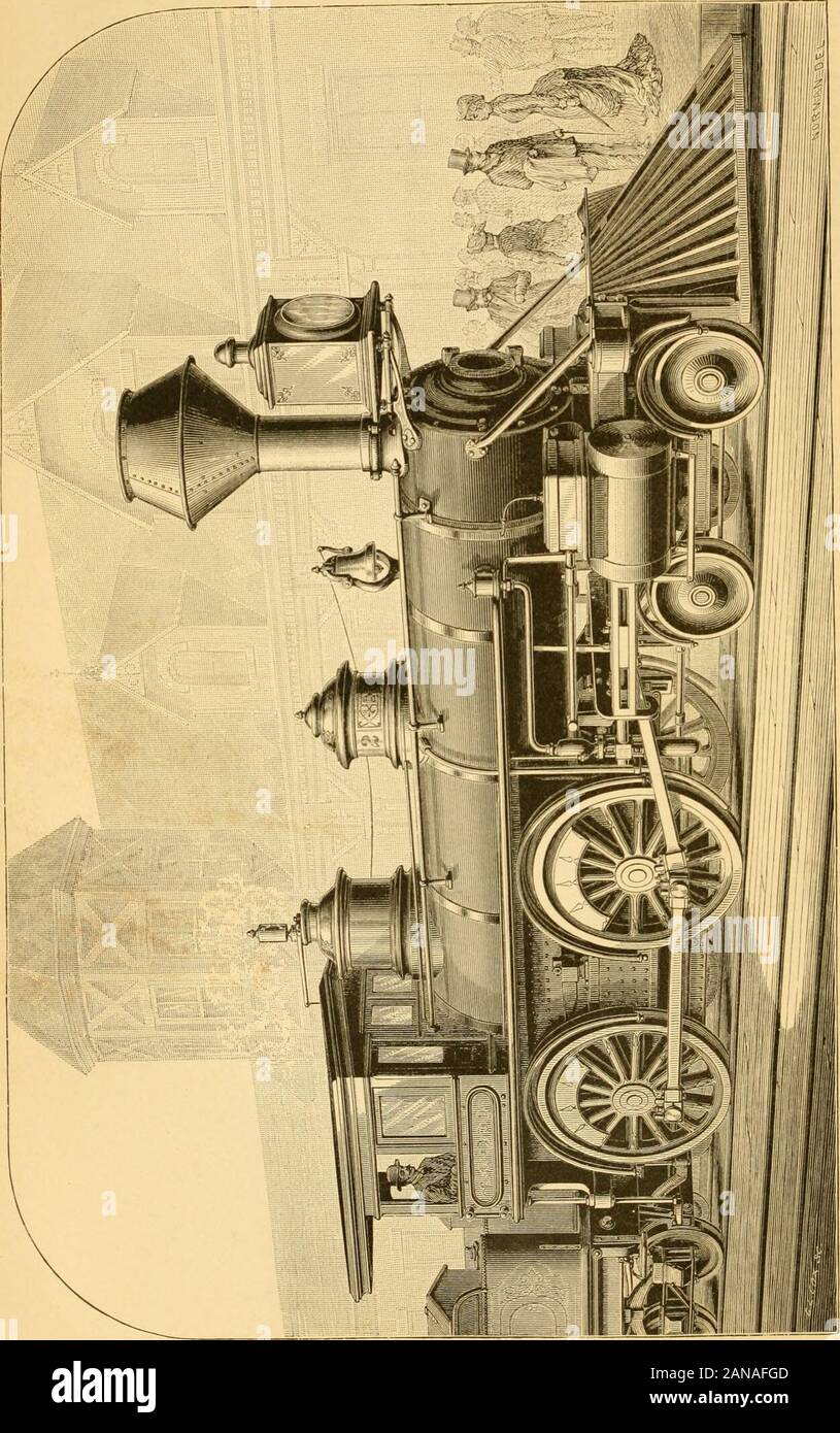 Appletons' cyclopaedia of applied mechanics: a dictionary of mechanical engineering and the mechanical arts . rately, and the type which is known as the American locomotive_ is chosen as anexample, for the purpose of explanation of the general construction of a locomotive. _ Figs. 2842,2843, 2844, 2S45, and 2846 represent,respectively, aside elevation, the longitudinal section, the plan,the back-end view, and two half cross-sections, of the eight-wheeled American locomotive, as builtbv the Grant Locomotive Works. Parts of the Locomotive.—The following are the parts of the locomotive designated Stock Photo