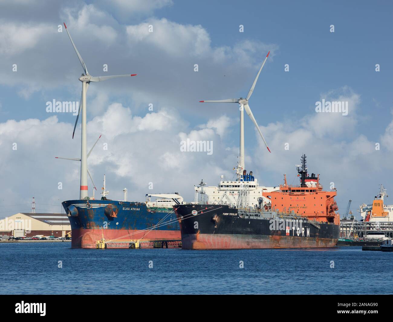 ANTWERP-AUGUST 25, 2019. Tankers anchored in Port of Antwerp. The port has a unique position at the heart of the European oil and chemical industry. Stock Photo