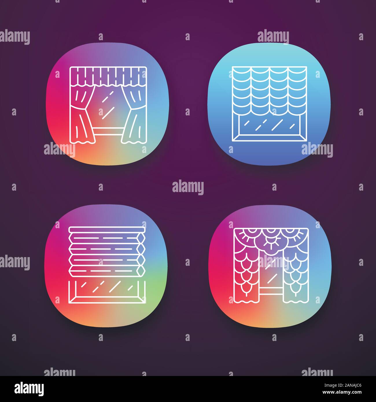Window blinds app icons set. Austrian, cellular shades, lace curtains, window treatment set. Office interior design. UI/UX user interface. Web or mobi Stock Vector