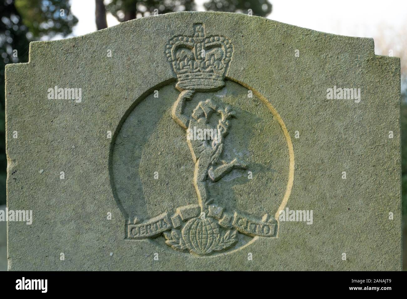 Royal Corps of Signals regimental badge emblem crest on a military gravestone or headstone, UK Stock Photo