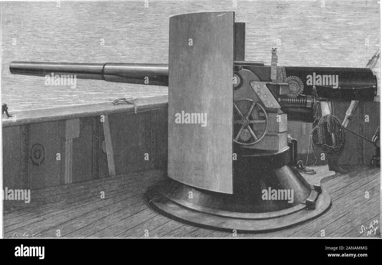 Scientific American Volume 75 Number 21 (November 1896) . f 9 inch Harvey steel.It has electric and tele-phone communicationwith the handlingrooms, where the am-munition is passed up tothe big guns in the tur-rets, with the firing sta-tions, and with the en-gine room. Here thecaptain will take up hisposition during an en-gagement, and controlevery movement of theship. Above the charthouse is seen the flyingbridge, from which thenavigation of the shipis usually carried out.Behind this is the tallsteel military mast sur-mounted by the tops, a small circular platform, uponwhich are placed two Hot Stock Photo