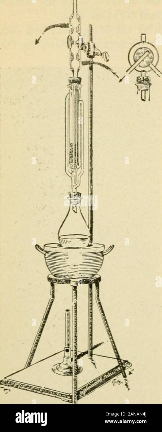 Practical physiological chemistry; a book designed for use in courses in practical physiological chemistry in schools of medicine and of science . is the percentageFig. 108.—Soxhlet Apparatus, of fat contained in the milk examined. (d) Nephelometric Method of Bloor.-—This method is ex-actly similar in principle and procedure to the method givenfor the determination of fat in blood. (See page 295.) Onec.c. of milk is ordinarily taken. (e) Approximate Determination by Fesers Lactoscope.is opaque mainly because of the suspended fat globules andtherefore by means of the estimation of this opacity Stock Photo