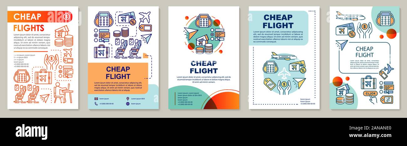 Cheap flights brochure template layout. Last minute travel, low cost tickets. Flyer, booklet, leaflet print design with linear illustrations. Vector p Stock Vector