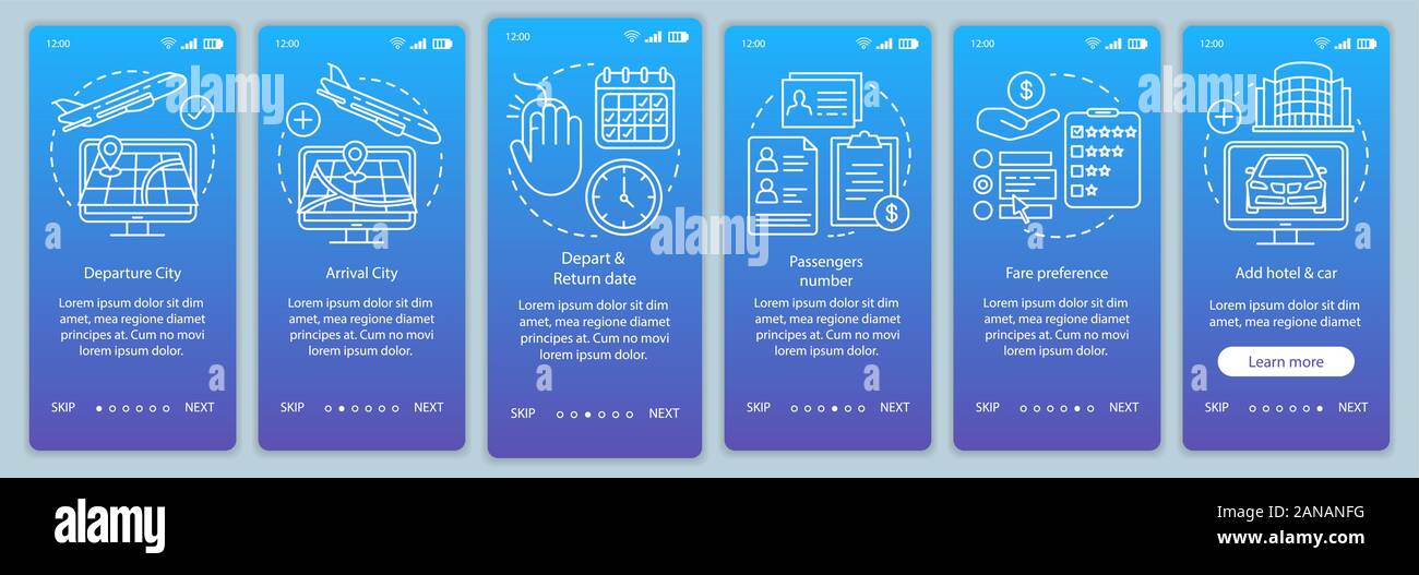 Trip planning blue onboarding mobile app page screen vector template ...