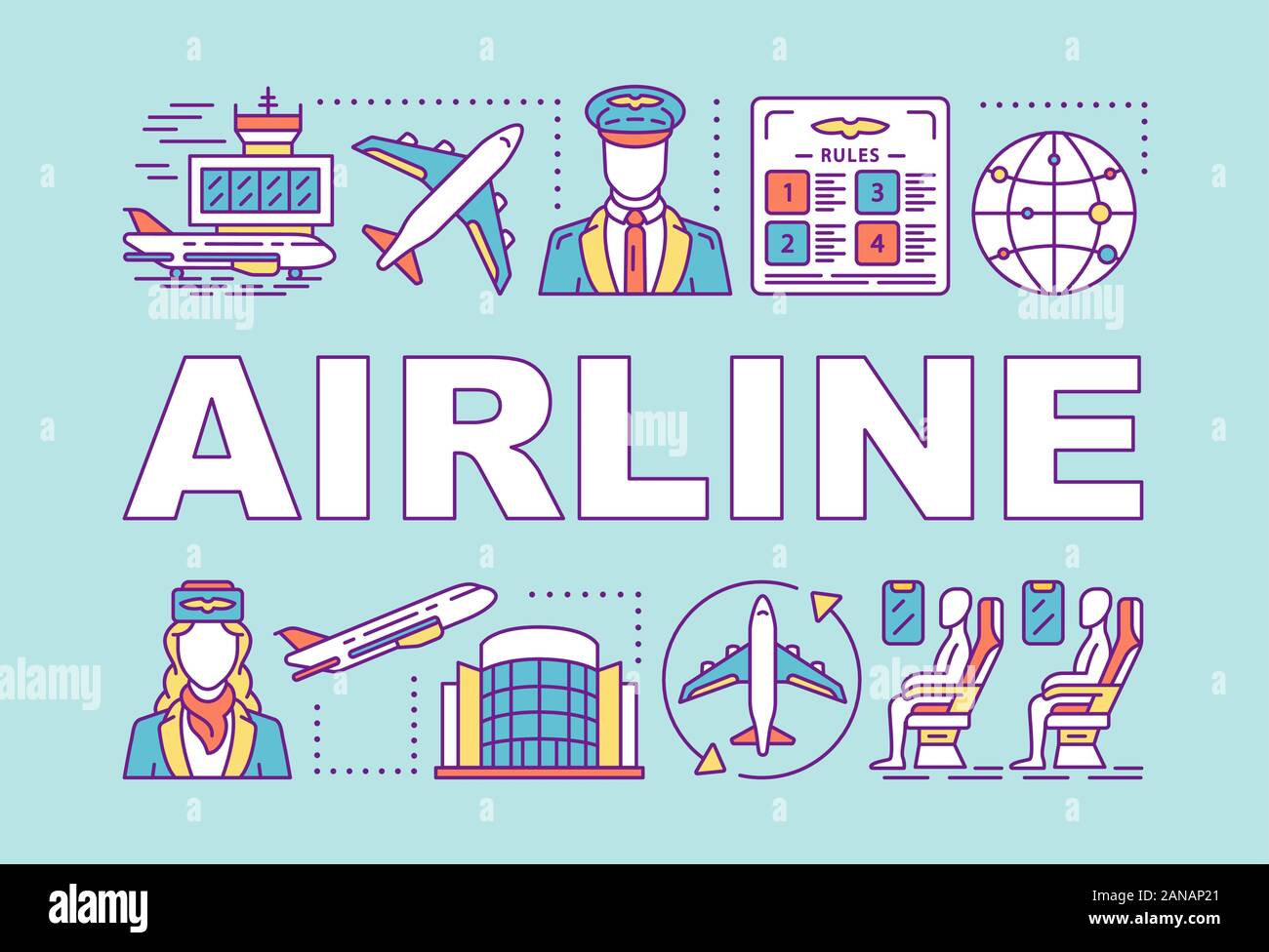 Airline word concepts banner. Airport terminal. Cabin crew, passenger