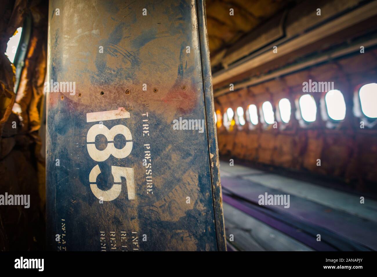 Bangkok/Thailand-06 December 2019: Bangkok airplane graveyard, detail from indoors of a broken commercial airplane wreckage. Stock Photo