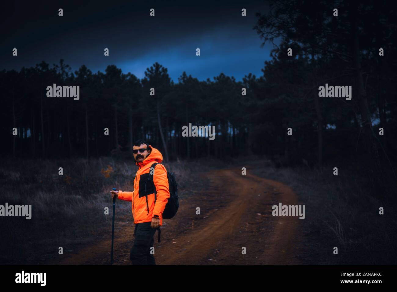 A Young man adventurer with contrast orange jacket posing on the path to jungle with gloomy sky under dramatic clouds Stock Photo